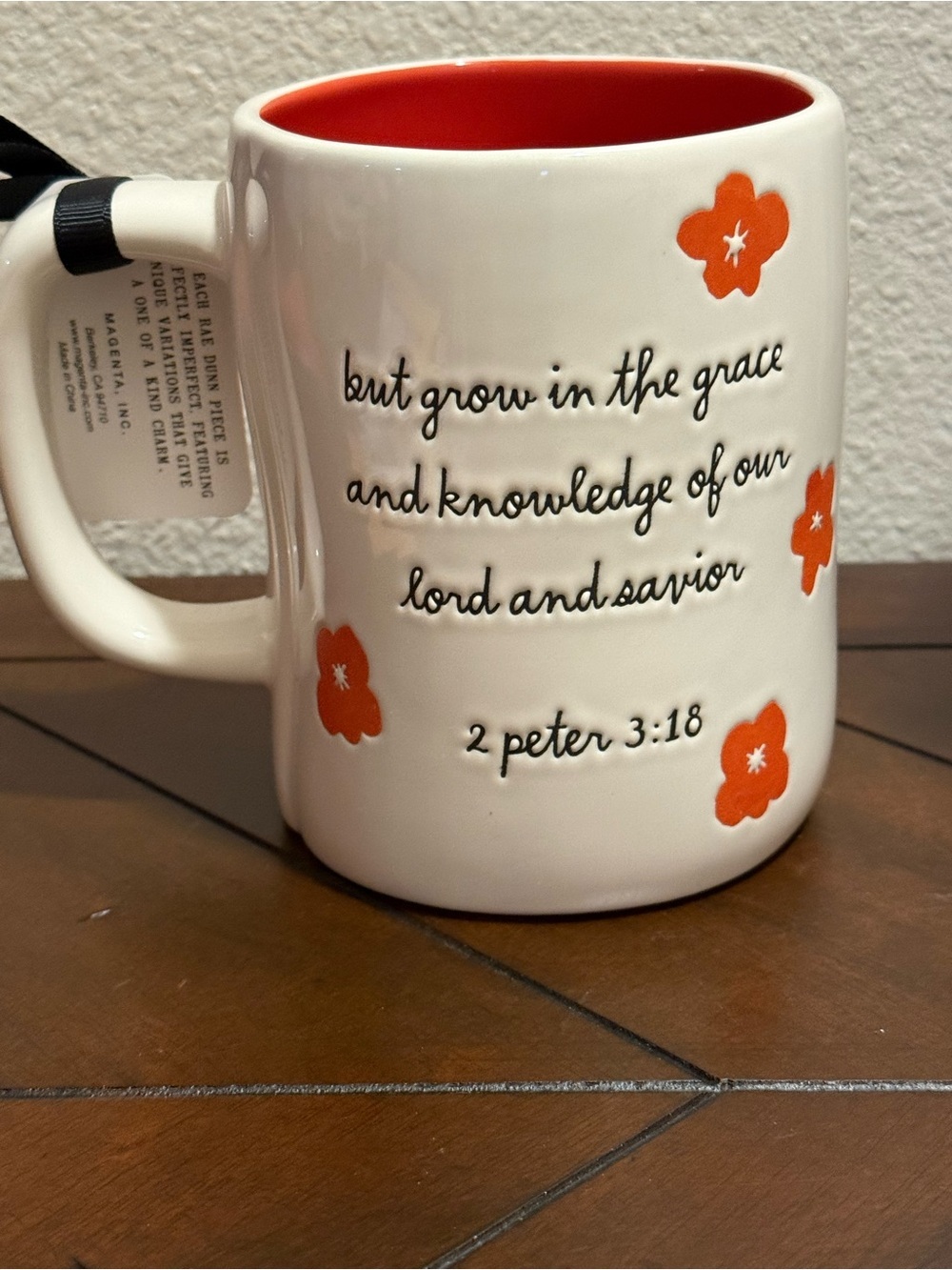 Rae Dunn White Double-sided Mug w/ Orange Floral Accents & Int- GROW IN FAITH - Picture 2 of 6